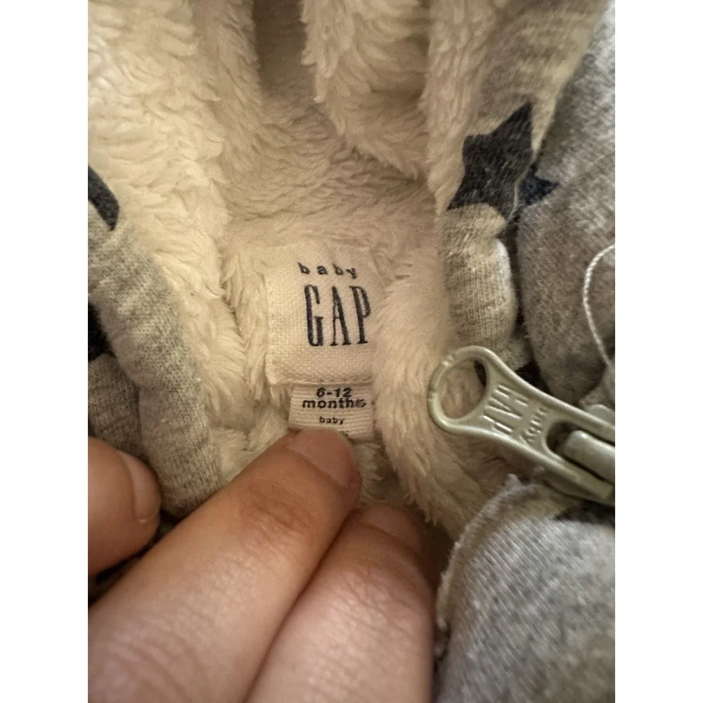 Baby Gap Sherpa Lined Hooded Ears Footed Dual Zip One Piece Gray Star 6-12 Month